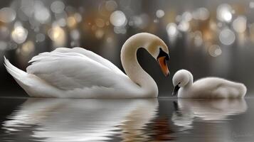 Swan and her baby on the water photo
