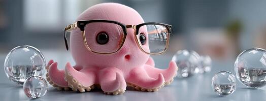 An octopus wearing glasses and surrounded by crystals photo