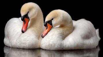 Two swans are sitting together on a black background photo