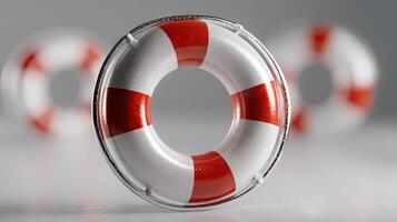 A life preserver is shown in front of a white background photo