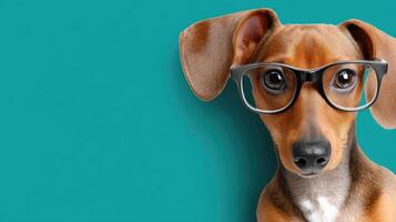 A dog wearing glasses on a turquoise background photo