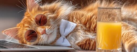 A cat wearing sunglasses and a tie laying on a laptop photo