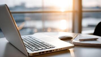 A laptop sits on a table with a cup of coffee photo
