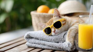A cat wearing sunglasses and laying on a towel next to an orange juice glass photo