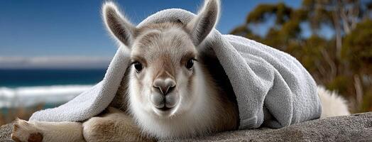 A llama wrapped in a towel laying on a rock photo
