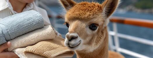 A woman holding a towel and a llama on a boat photo