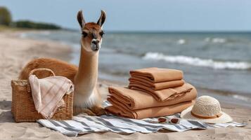 A llama laying on a towel on the beach photo