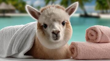 A llama laying on a towel with towels around it photo