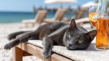 A cat laying on a beach chair with an orange drink photo