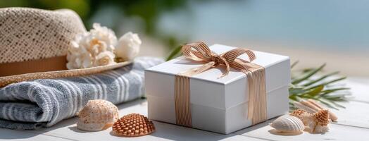Gift box with seashells and hat on beach photo