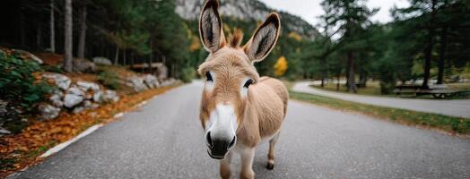 A donkey walking down the road photo