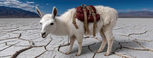 A llama with a backpack standing in the desert photo