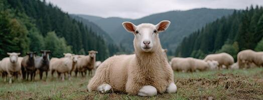 A sheep laying down in a field with other sheep photo