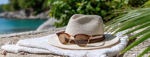 A hat and sunglasses on a towel near the ocean photo