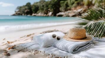 A hat, sunglasses and towels on the beach photo