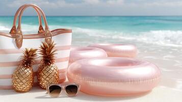 A beach bag with sunglasses, an inflatable ring and a pineapple photo