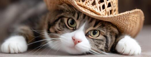 A cat wearing a straw hat laying down photo