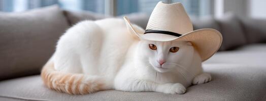 A white cat wearing a cowboy hat on a couch photo