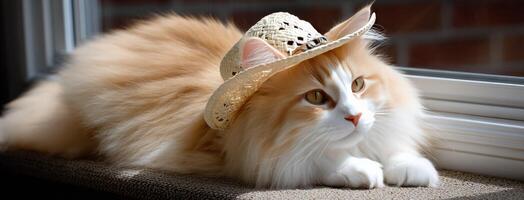 A fluffy orange cat wearing a straw hat photo