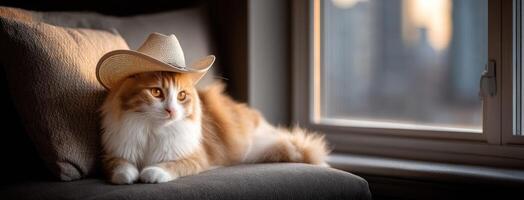 A cat wearing a cowboy hat sitting on a couch photo