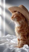 An orange cat wearing a straw hat photo