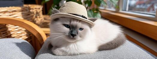 A cat wearing a hat on a chair photo