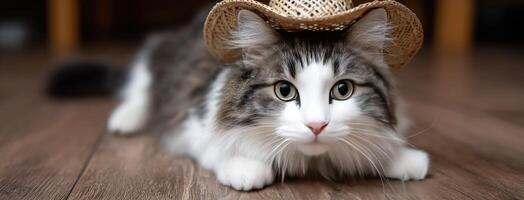 A cat wearing a straw hat on a wooden floor photo