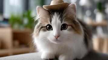 A cat wearing a hat on its head photo