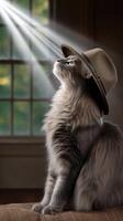 A cat wearing a hat looking up at the sun photo