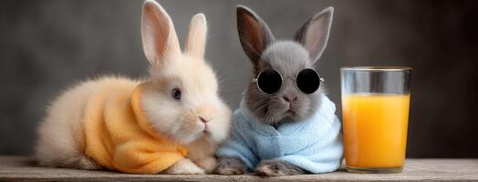 Two rabbits in robes with glasses of orange juice photo