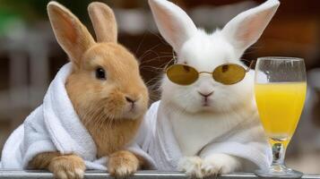 Two rabbits in bathrobes with glasses of orange juice photo