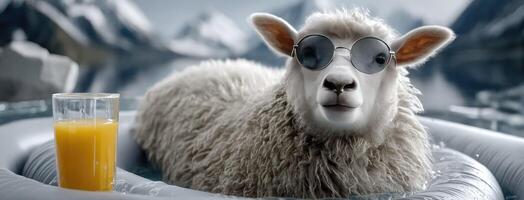 A sheep wearing sunglasses and sitting in an inflatable pool photo