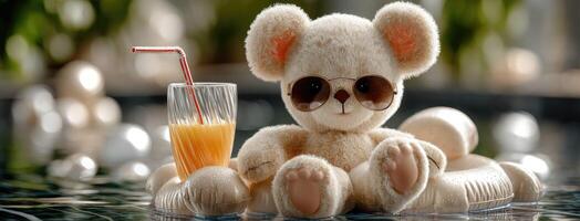 A teddy bear with sunglasses sitting in a pool photo