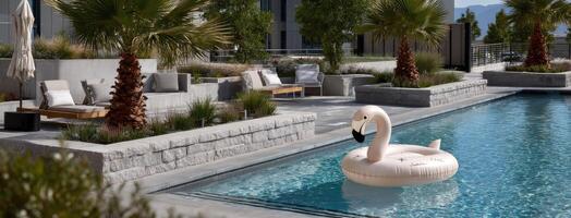 A swan floating in a pool next to a palm tree photo