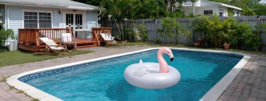 A swimming pool with a flamingo floating in it photo