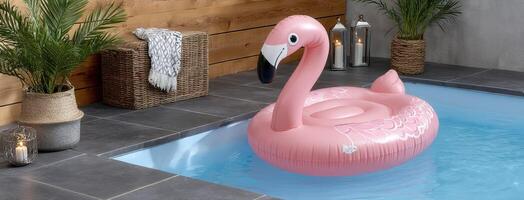 An inflatable flamingo floating in a pool photo