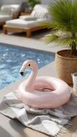 A pink flamingo inflatable pool toy sitting on a towel near a pool photo