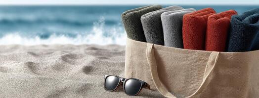 A beach bag with sunglasses and towels on it photo
