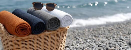 A basket with towels and sunglasses on the beach photo