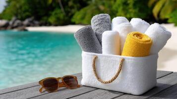 A white bag with towels and sunglasses on a wooden table photo