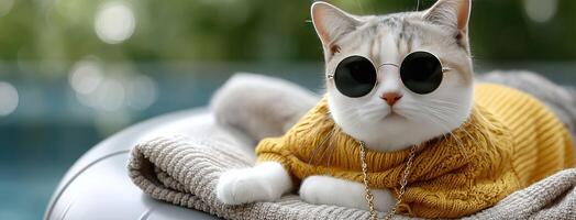 A cat wearing sunglasses and a sweater laying on a blanket photo