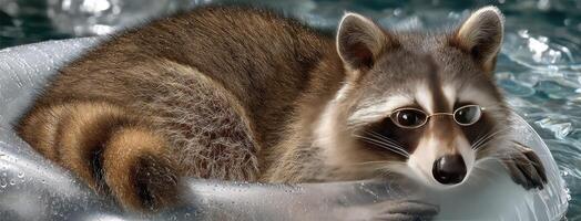 A raccoon wearing glasses sitting in a bowl of water photo