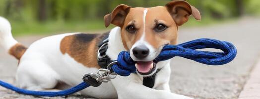 A dog is holding a blue rope in its mouth photo