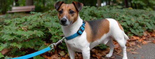 A dog on a leash in the park photo