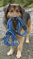 A dog holding a blue rope in its mouth photo
