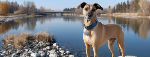 A dog standing on a rock by a river photo