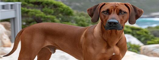 A brown dog standing on a rocky beach photo