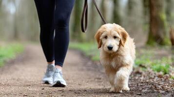 A woman walking a dog on a leash photo