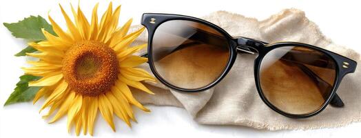 Sunglasses and sunflower on a cloth photo