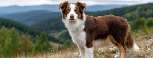 A brown and white dog standing on a hill photo